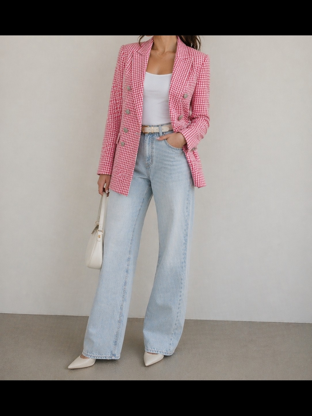 Zara Pink and White Houndstooth Blazer